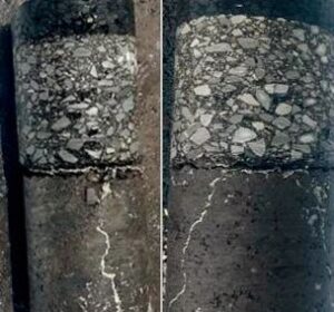 The left image shows a grouting core sample with a crack width of less than 1 mm the right image shows a grouting core sample with a crack width greater than 1 mm
